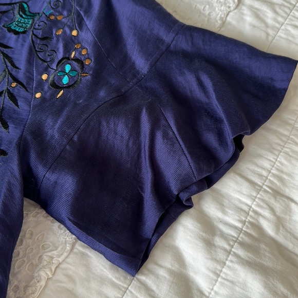 BCBG Blue Shimmer Top with Embroidered Design & Ruffled Sleeves - Picture 6 of 9
